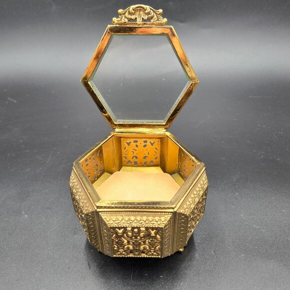 Vintage Ornate Brass & Glass Hexagon Jewelry Box with Filigree Detailing - Picture 2 of 10